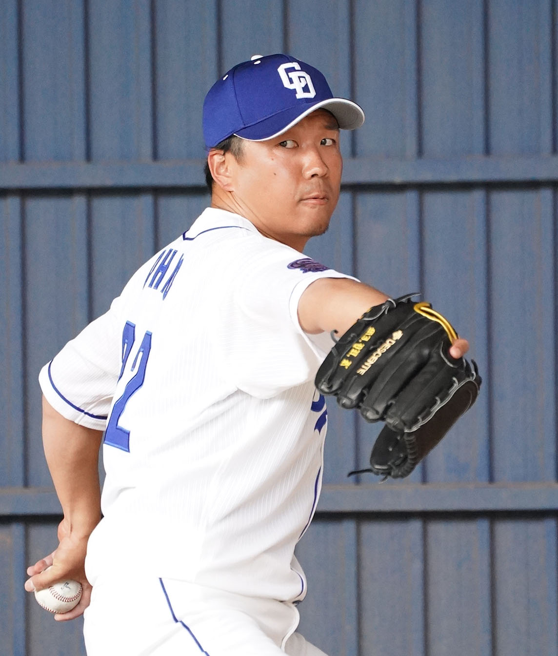 ブルペンで投球練習する大野雄（撮影・森本幸一）