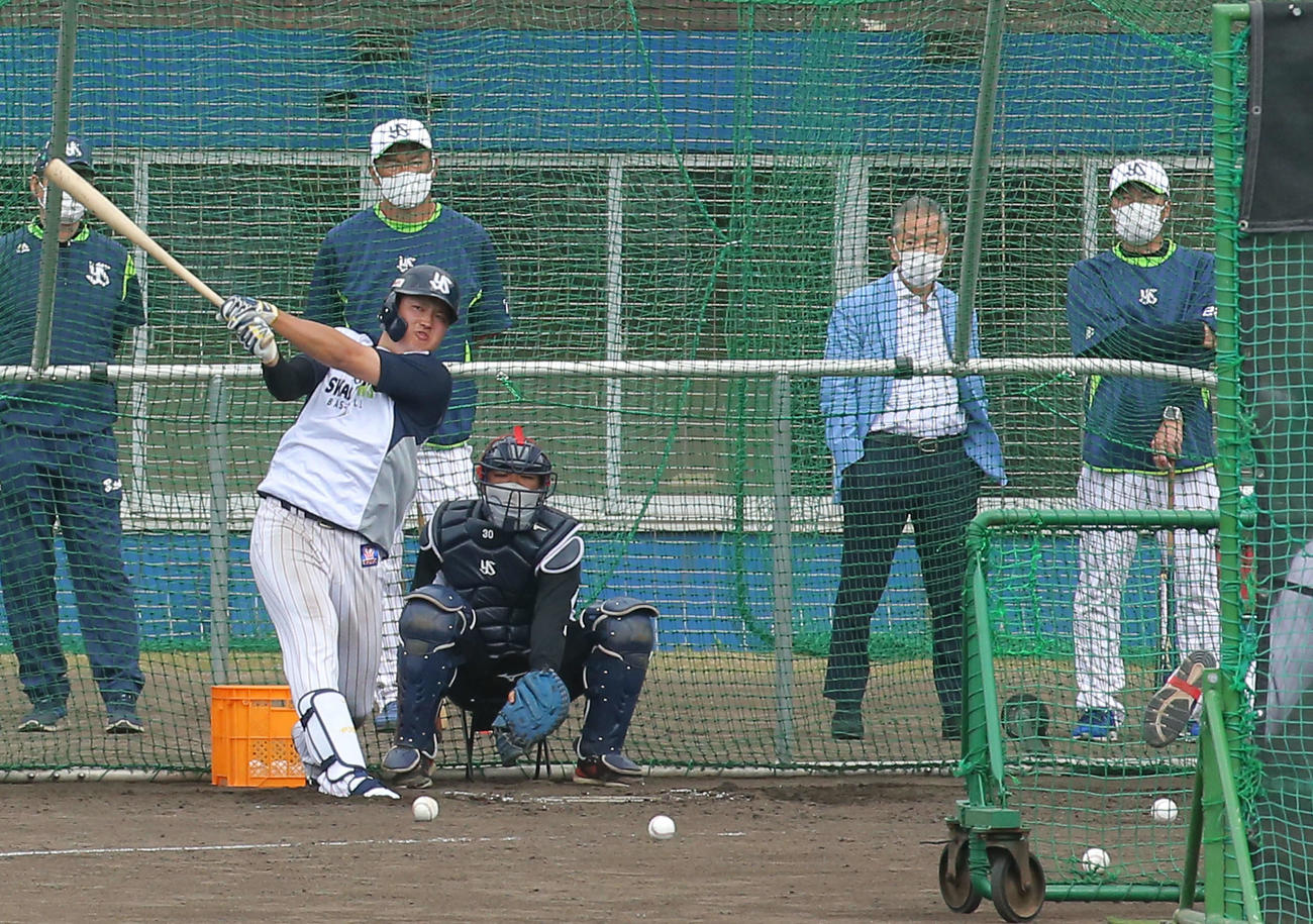 打撃練習するヤクルト村上（左）を見る衣笠球団社長兼オーナー代行（後方左から3人目）と高津監督（右）（撮影・河田真司）