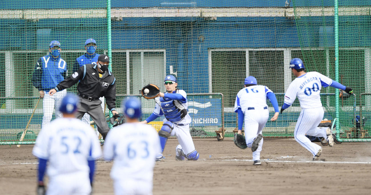ケースバッティングを見つめるDeNA三浦監督（後方左）（撮影・横山健太）