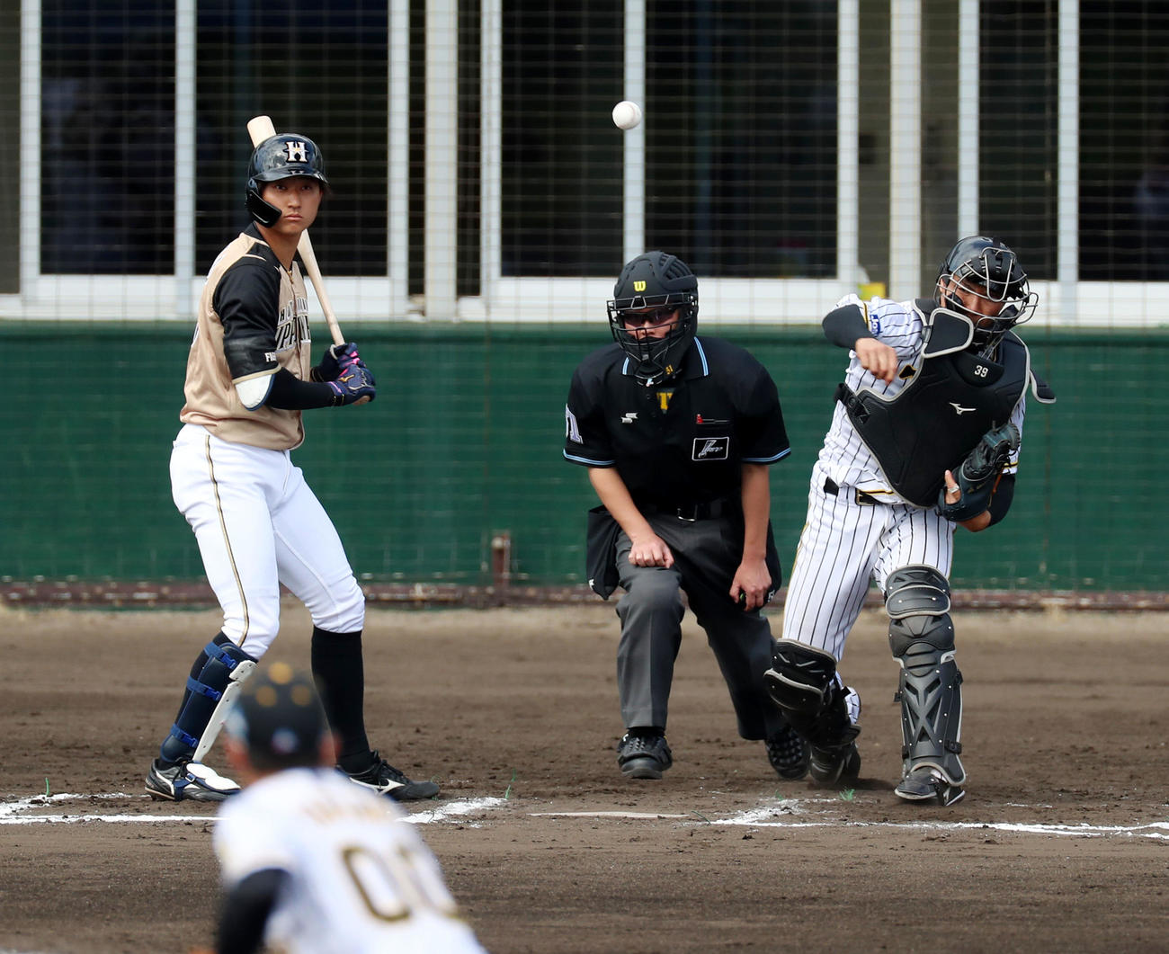 阪神対日本ハム　6回表日本ハム2死一塁、栄枝は一走平沼の二塁盗塁を刺す（撮影・加藤哉）