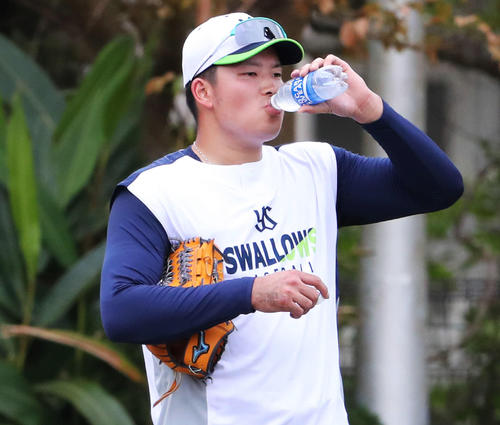 特守の最中に水分補給するヤクルト村上（撮影・河田真司）