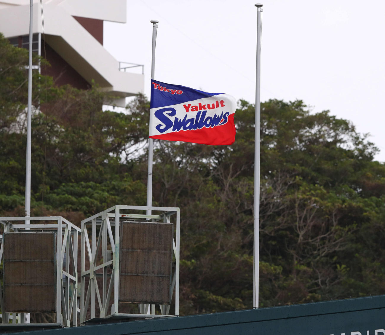 野村克也氏の命日、弔意を表す半旗が揚がるヤクルトキャンプ地の「ANA BALLPARK浦添」（撮影・河田真司）