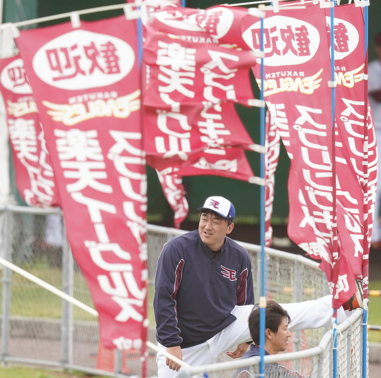 強風でなびくのぼり旗を前にストレッチをする楽天石井監督（撮影・菅敏）