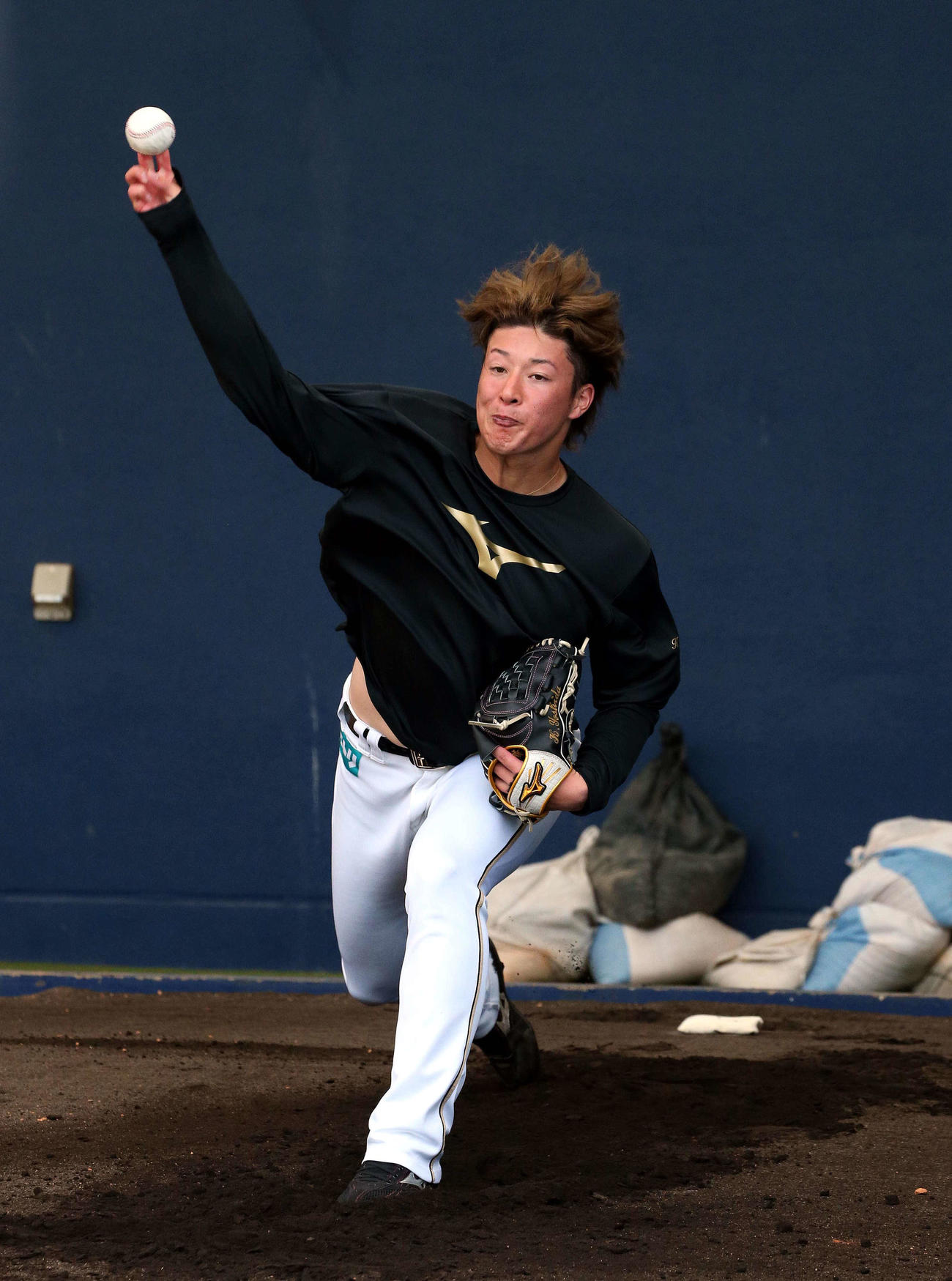 ブルペンで投球する日本ハム吉田（撮影・黒川智章）　　　