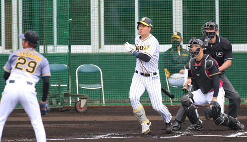 紅白戦　1回裏白組無死、佐藤輝明は右へ二塁打を放つ（撮影・上山淳一）