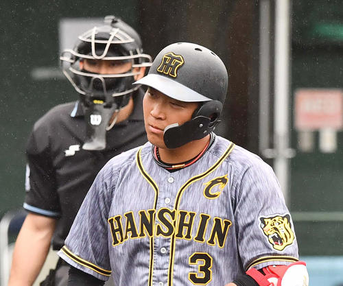 紅白戦　4回表紅組2死、三振に倒れベンチに引き揚げる大山悠輔。この後、守備を交代する（撮影・上田博志）