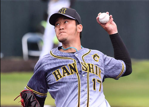 紅白戦　紅組番手の岩貞祐太（撮影・上田博志）