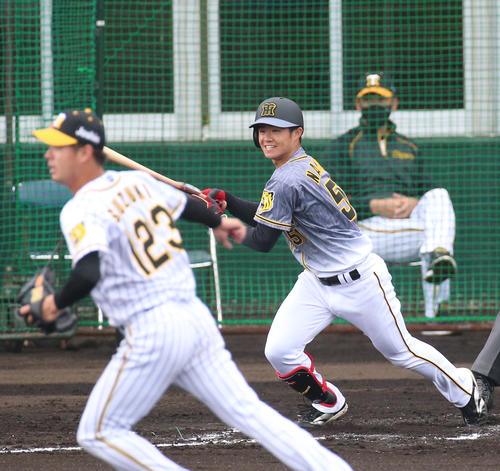 紅白戦　2回表紅組2死、中野拓夢は右前打を放つ（撮影・上山淳一）