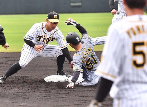 紅白戦　2回表紅組2死一塁、二盗に失敗する中野拓夢（撮影・上田博志）
