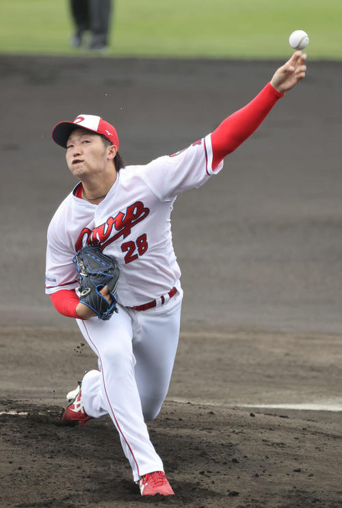 プロ野球広島沖縄キャンプ　紅白戦　白組先発の床田（撮影・加藤孝規）