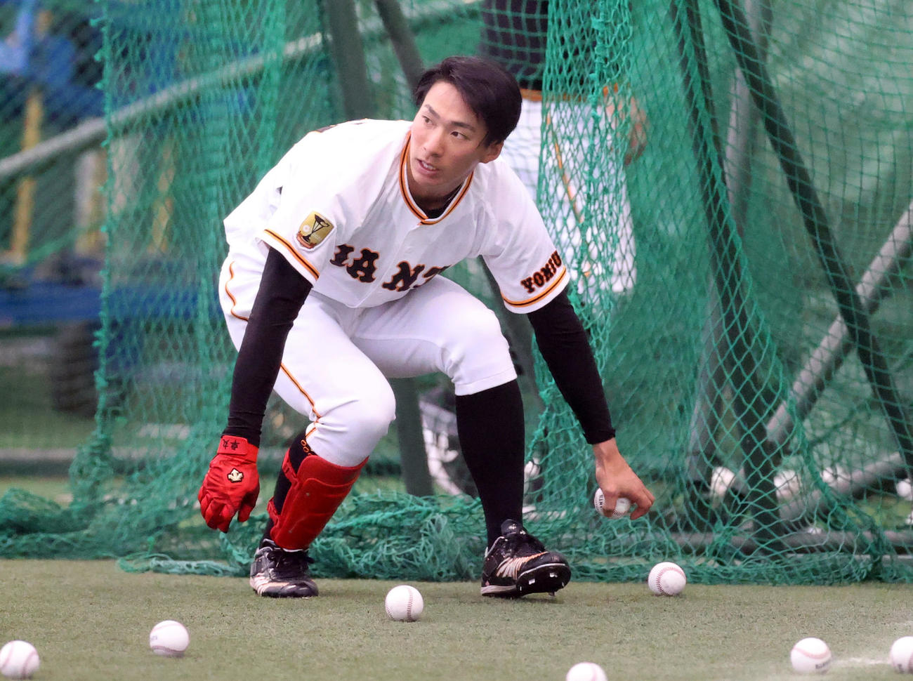 フリー打撃の練習でボールを拾う八百板（撮影・狩俣裕三）