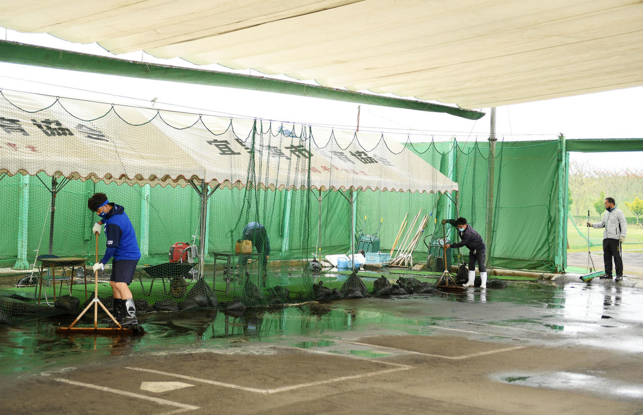 前日の豪雨で水浸しになったブルペン（撮影・横山健太）