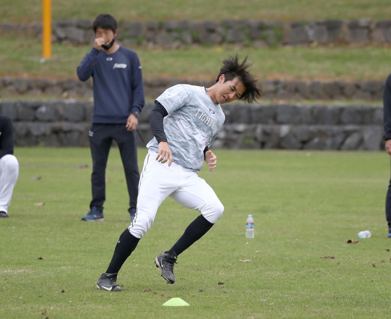 シャトルランに汗を流す日本ハム上沢（撮影・黒川智章）　　