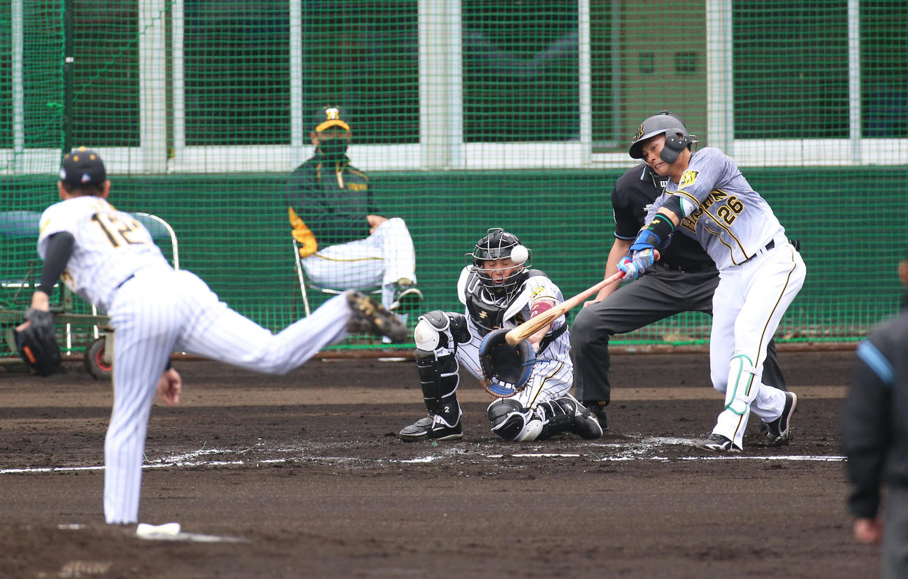阪神紅白戦　2回表紅組1死三塁、北條は左中間に適時二塁打を放つ（撮影・上山淳一）