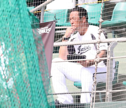 スタンドから試合を見つめるロッテ松中臨時コーチ（撮影・垰建太）