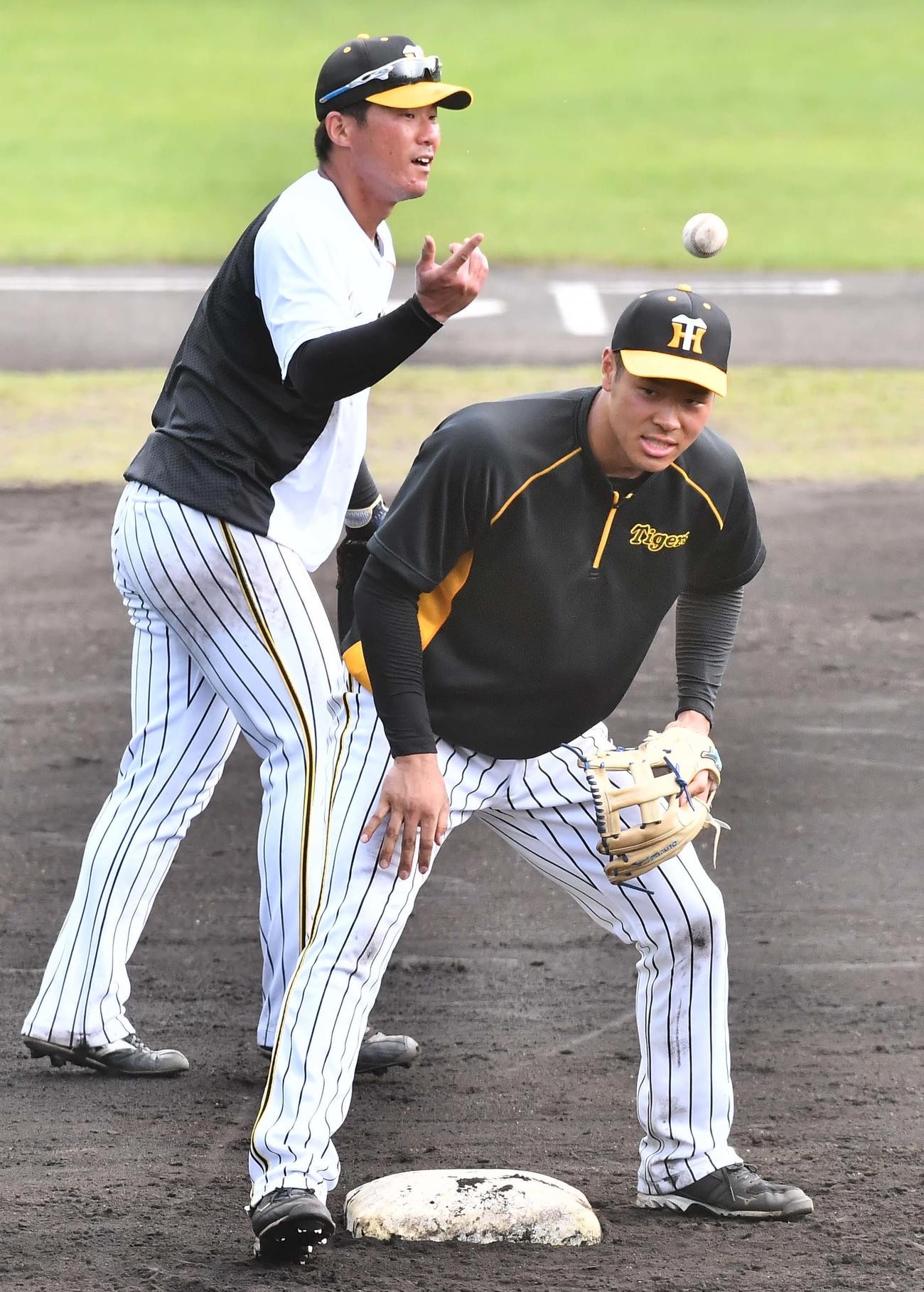 笑顔を見せながら練習に励む陽川（左）と佐藤輝（撮影・上田博志）