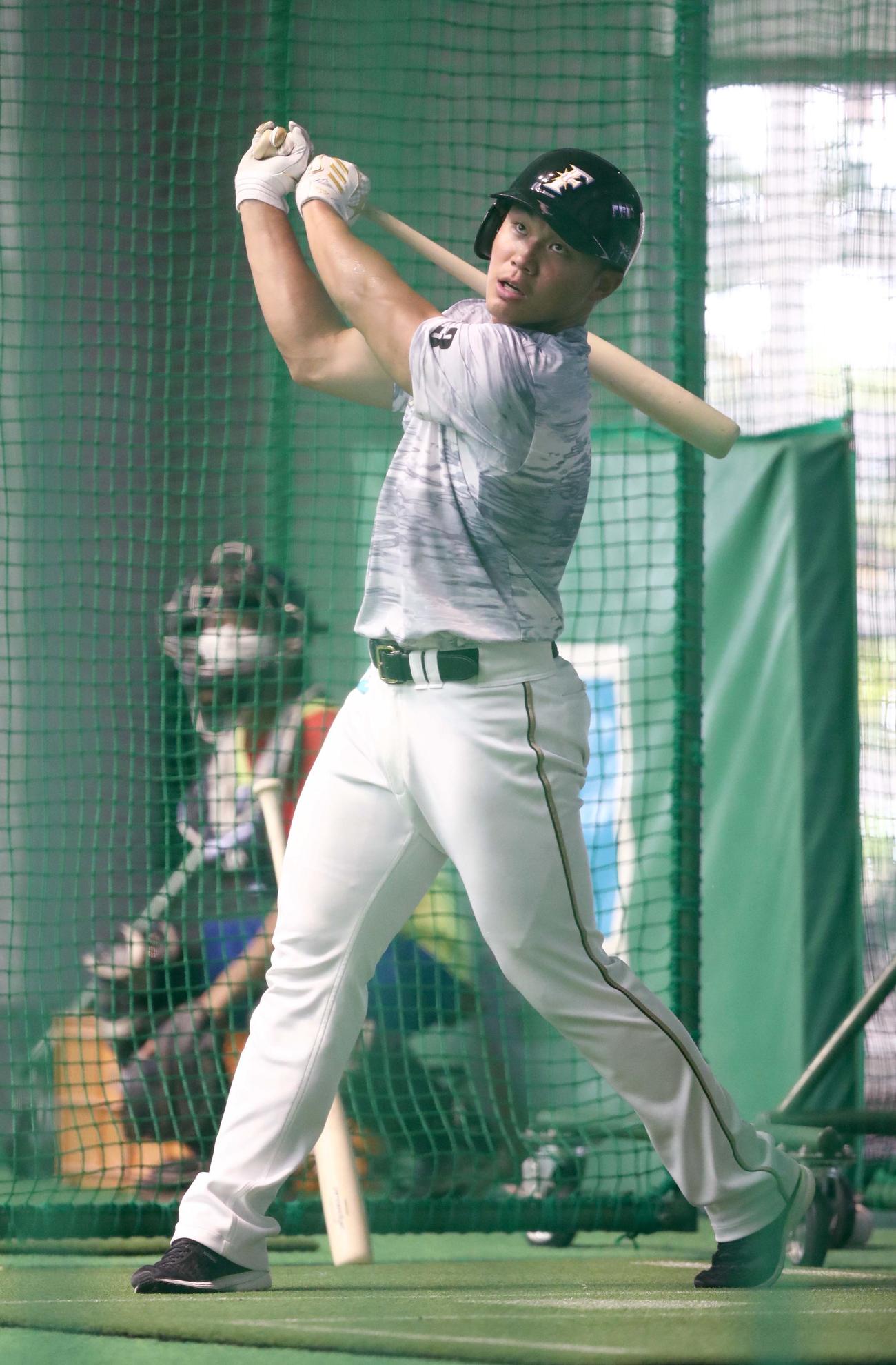 チームに合流しフリー打撃する王柏融（撮影・黒川智章）　　