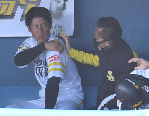 紅白戦5回表の守備で外野フェンスに衝突し、ベンチで左肩を気にする上林（撮影・岩下翔太）