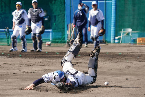 シートノックで飛び込むもボールを取り損ねる西武中熊（撮影・滝沢徹郎）