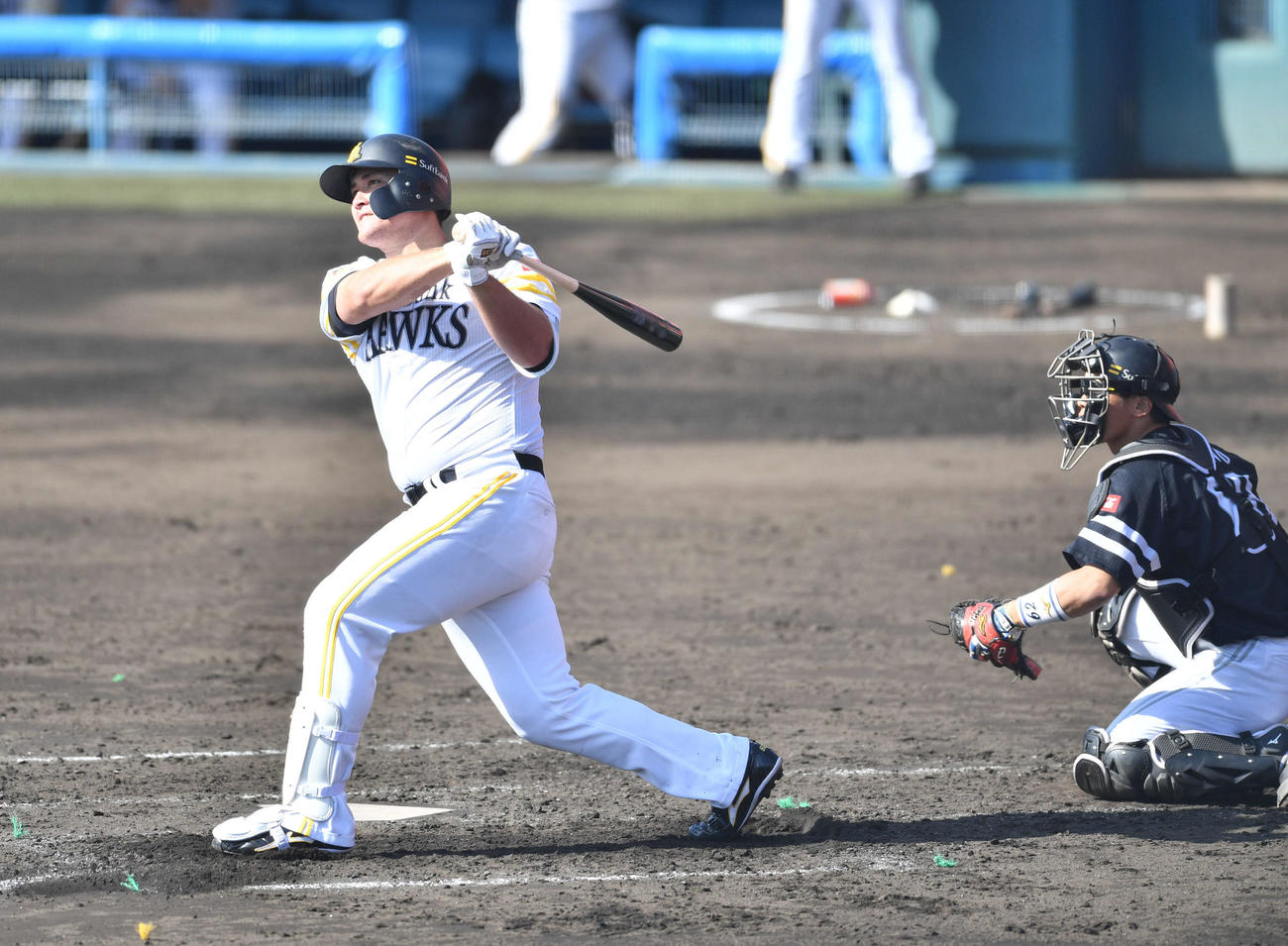 紅白戦2回裏白組1死、リチャードは勝ち越しの左越え本塁打を放つ（撮影・岩下翔太）