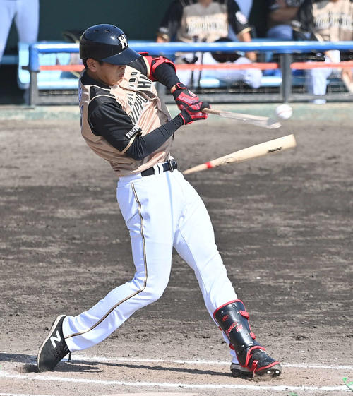 中日対日本ハム　6回表日本ハム2死、バットを折りながらも遊撃内野安打を放つ野村佑希（撮影・上田博志）＝2021年2月16日、Agreスタジアム北谷＝沖縄県北谷町