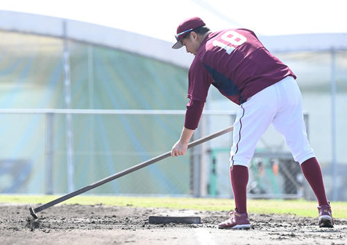 投内連係を終えた楽天田中将はグラウンド整備をする（撮影・山崎安昭）
