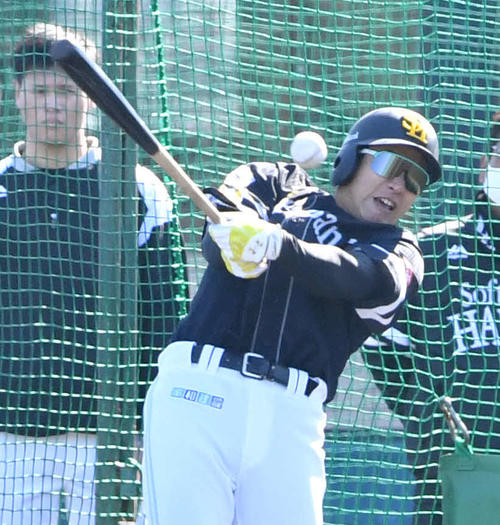 フリー打撃を行う柳田悠岐、後方左は笹川吉康（撮影・岩下翔太）