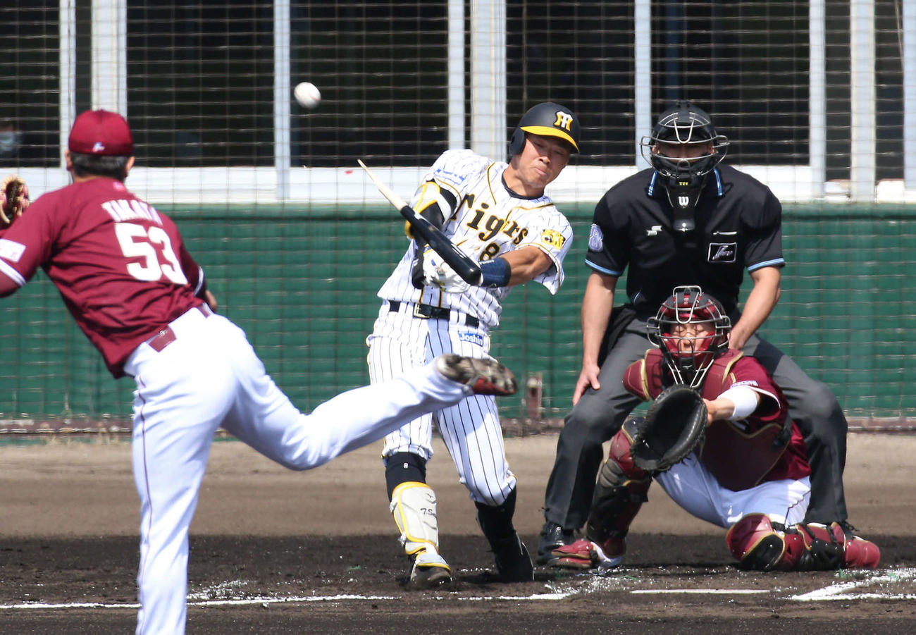 阪神対楽天　1回表阪神1死一塁、佐藤輝はバットを折りながら右翼ポール際にファウルを放つ（撮影・上山淳一）