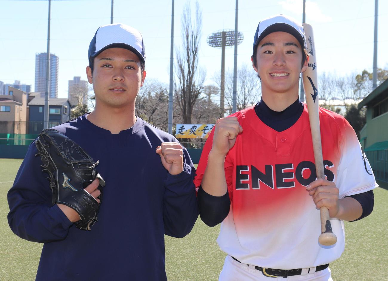 高校からENEOSに入った度会（右）、若杉（撮影・古川真弥）