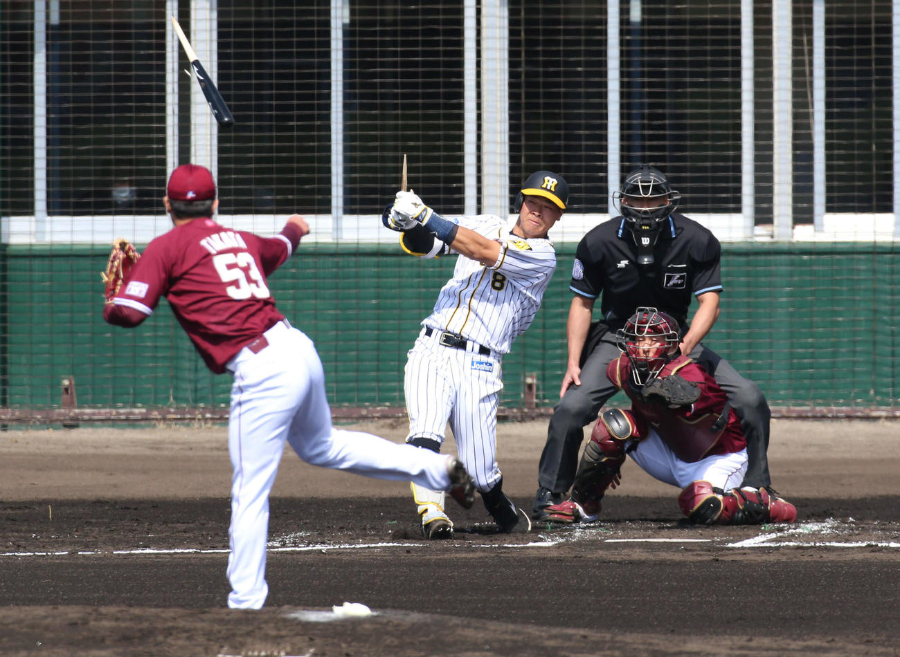 阪神対楽天　1回裏阪神1死一塁、佐藤輝はバットを折られながらも右翼ポール際のスタンドまで打球を運ぶ（撮影・上山淳一）
