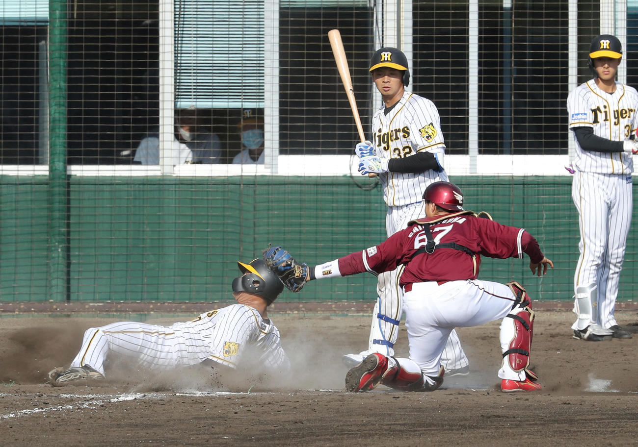 阪神対楽天　8回裏阪神1死二塁、打者井上の時、佐藤輝が二塁を狙う間に中谷（左）が本盗を狙うアウトとなる（撮影・前田充）