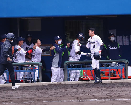 ヤクルト対DeNA 4回裏ヤクルト2死二塁、元山の中越え適時二塁打で生還しナインに迎えられる並木。後方右は高津監督（撮影・河田真司）