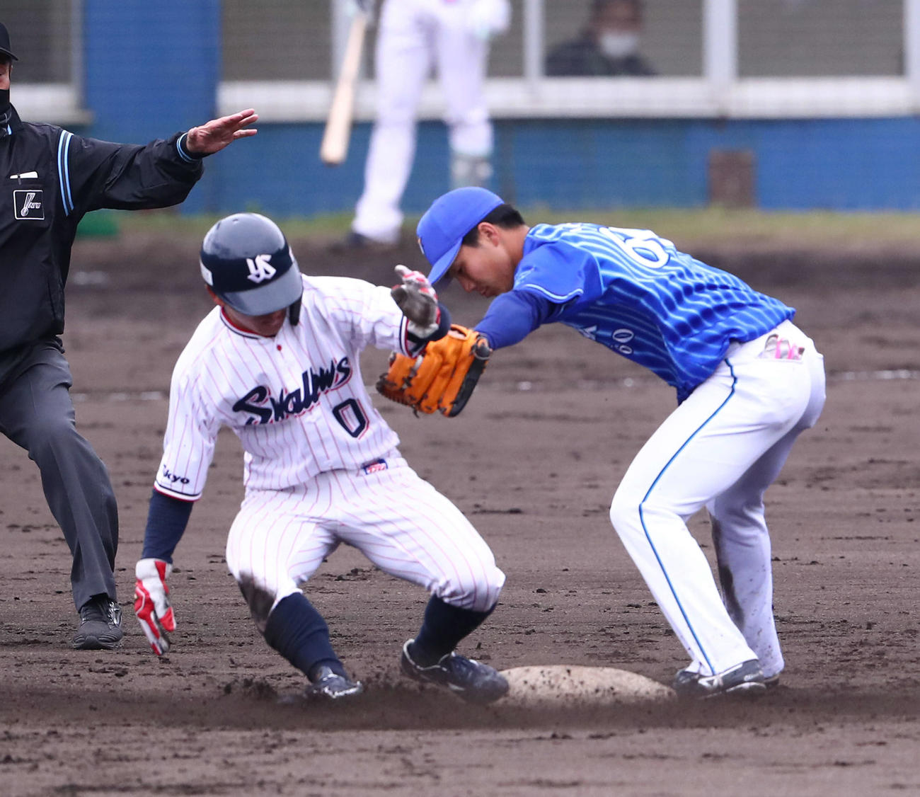 ヤクルト対DeNA 4回裏ヤクルト無死一塁、二盗を決める並木。遊撃手知野（撮影・河田真司）