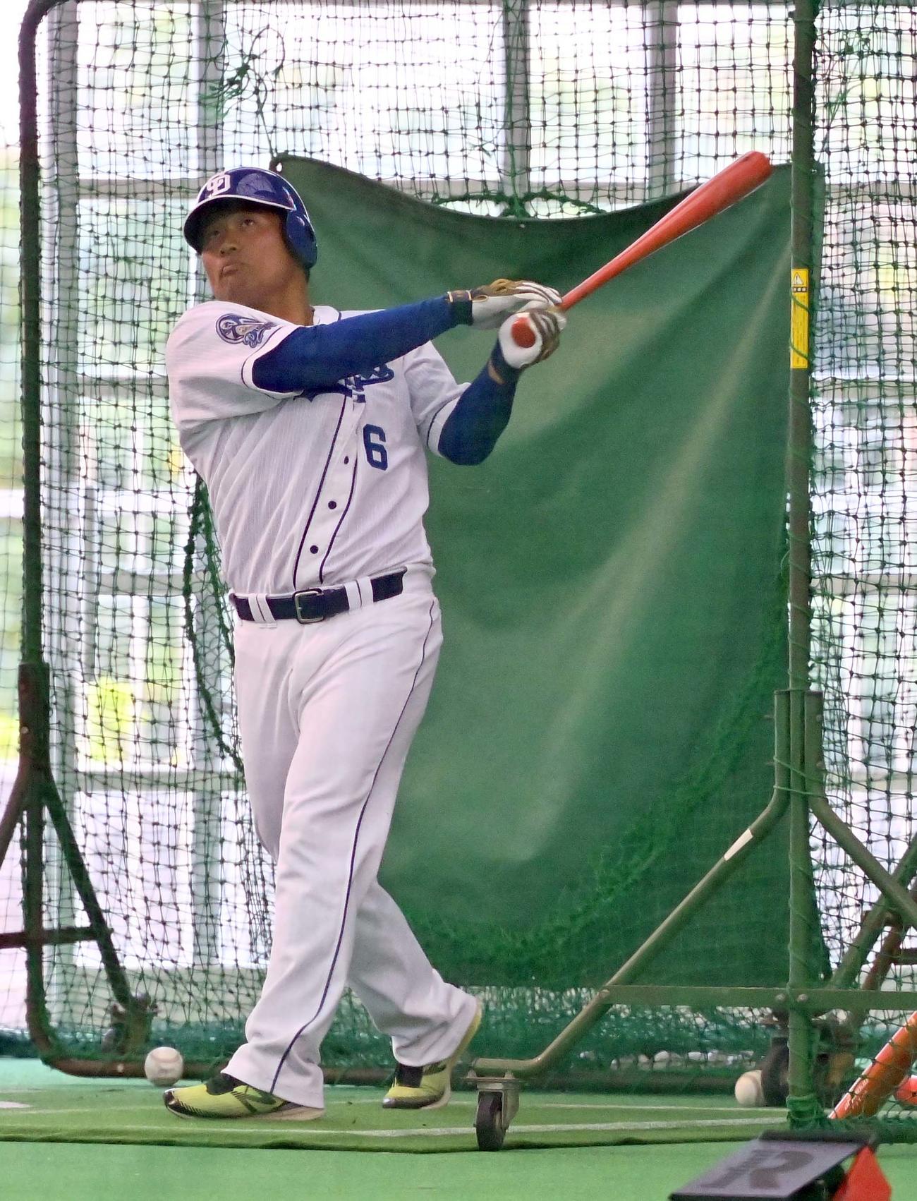 室内練習場で打撃練習する中日平田良介（撮影・上田博志）