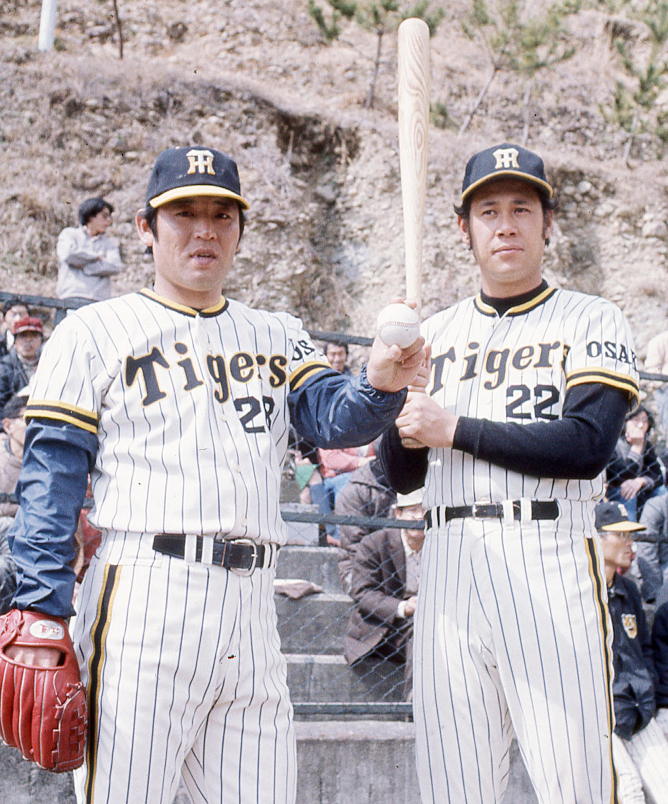 74年2月、安芸市営球場でポーズをとる阪神田淵（右）と江夏