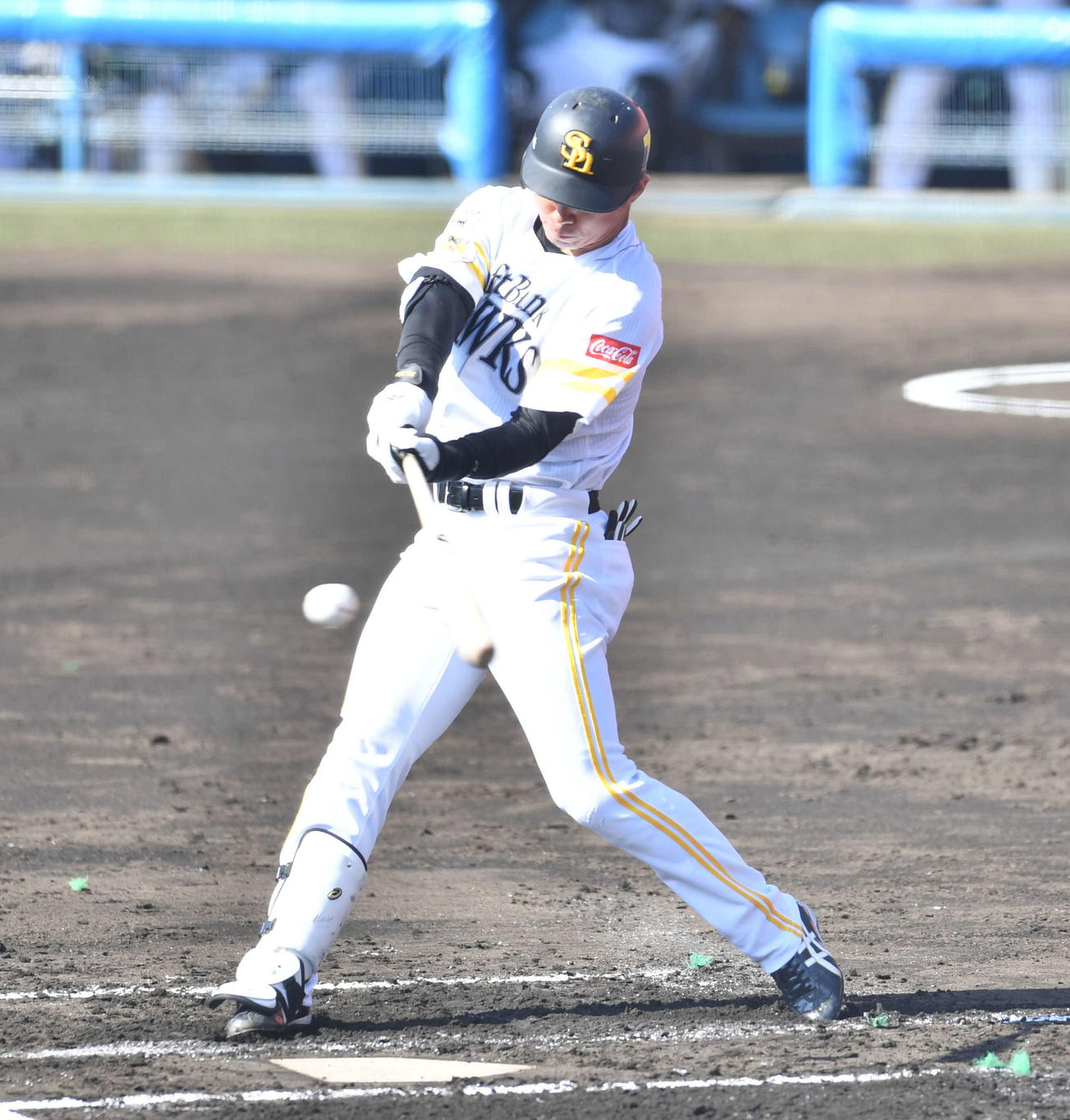 紅白戦　1回裏白組1死一、二塁、長谷川は先制の右前適時打を放つ（撮影・岩下翔太）