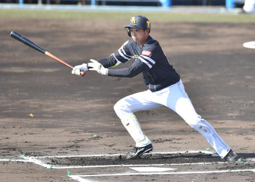 紅白戦　1回表紅組1死、川瀬は左前安打を放つ（撮影・岩下翔太）
