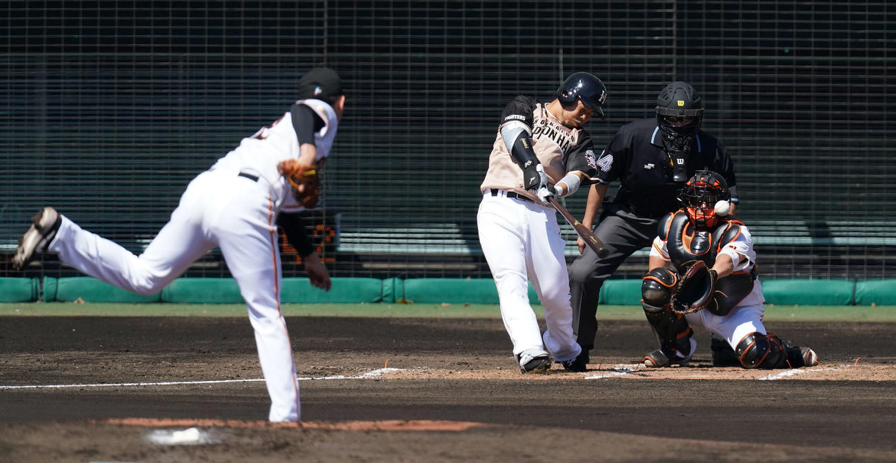 巨人対日本ハム　2回表日本ハム無死、左前打を放つ近藤。投手横川（撮影・鈴木みどり）