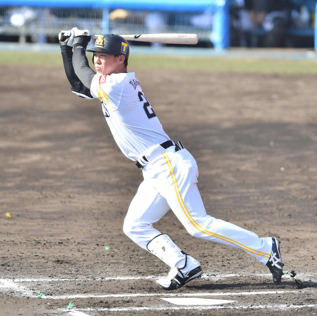 紅白戦　4回裏白組1死二、三塁、長谷川は左犠飛を放つ（撮影・岩下翔太）