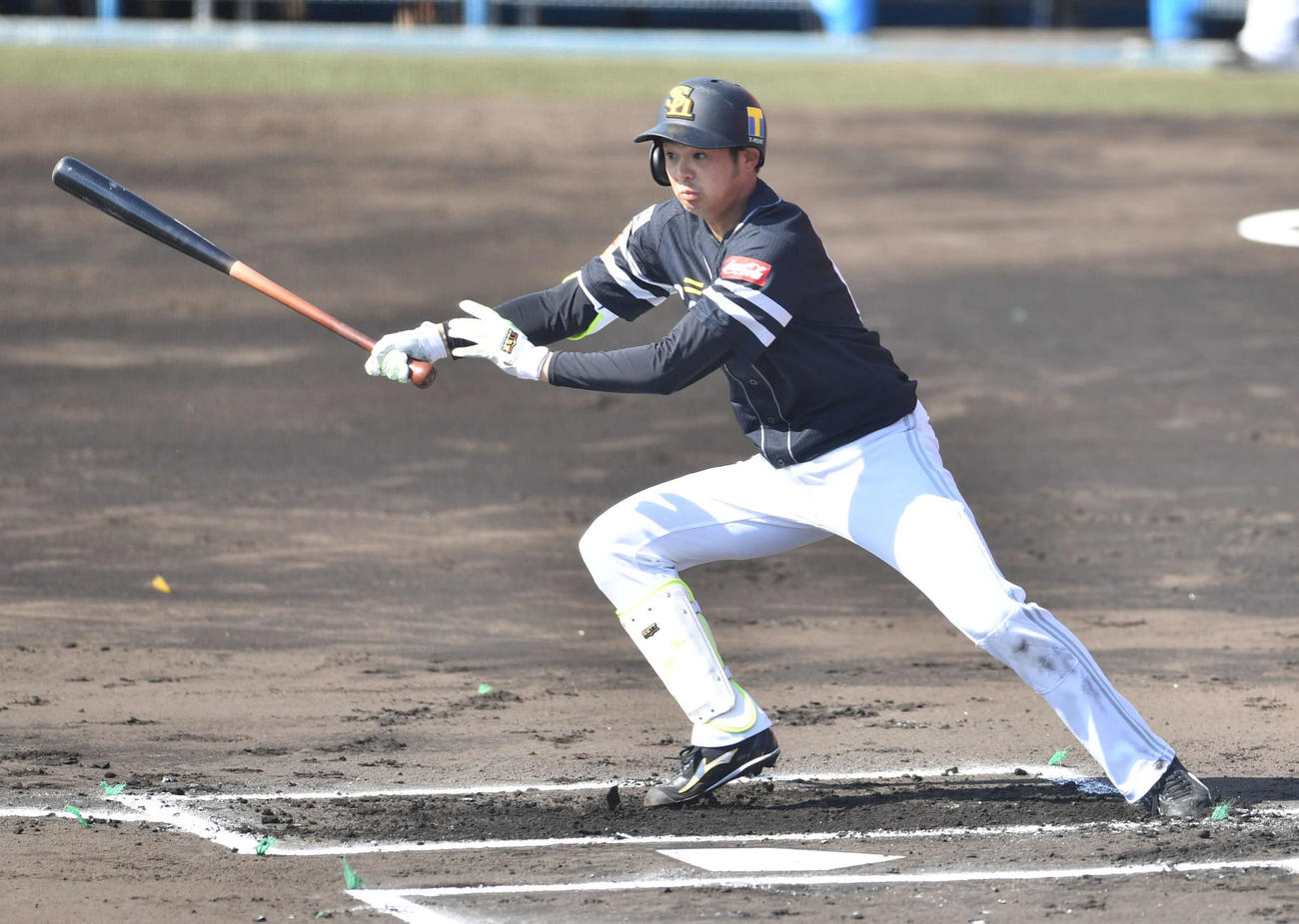 紅白戦　1回表紅組1死、川瀬は左前安打を放つ（撮影・岩下翔太）
