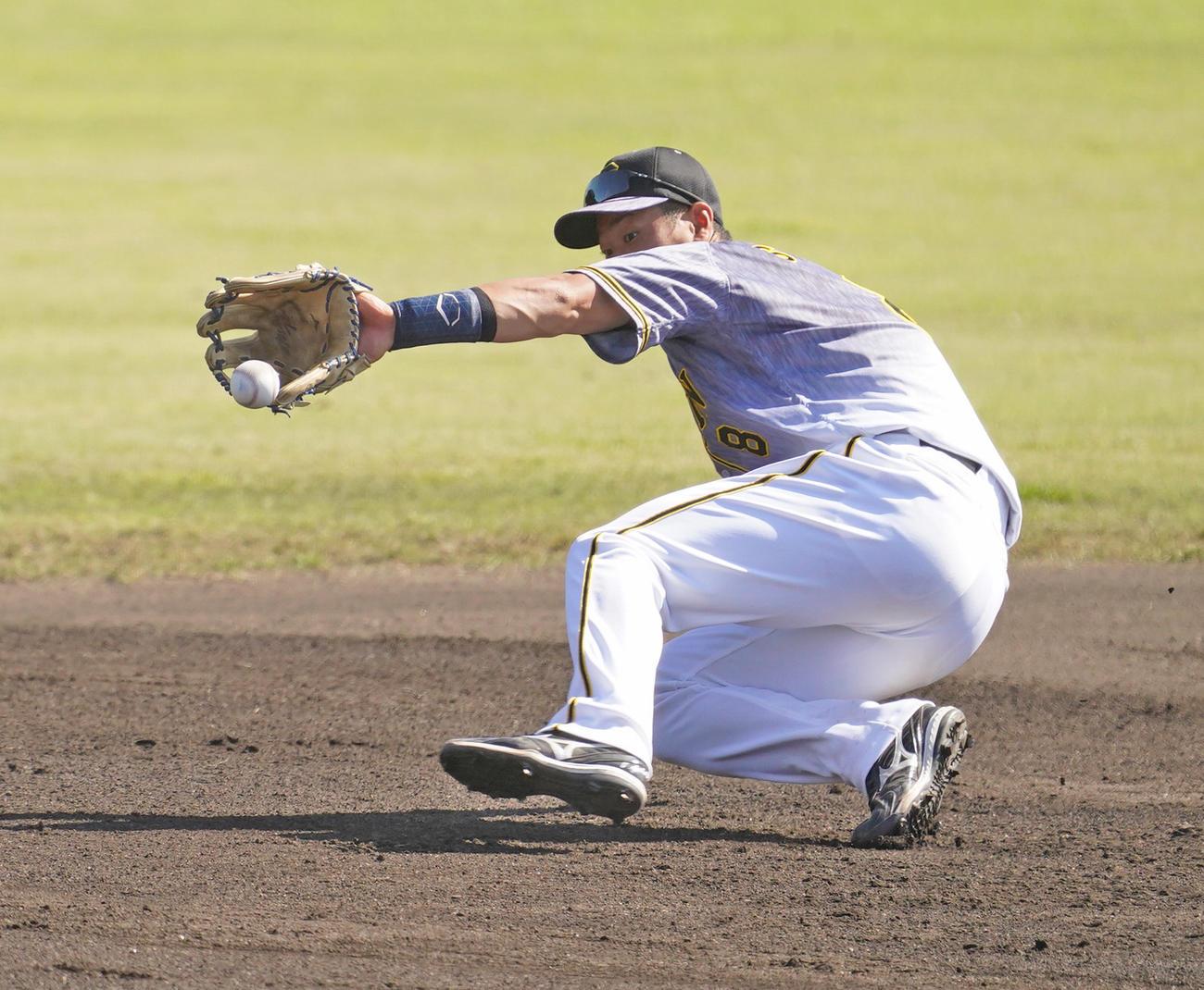 練習試合　中日対阪神　6回裏中日1死、高橋周平の三塁線の鋭い打球を逆シングルで捕球しアウトを奪う三塁手佐藤輝明（撮影・清水貴仁）