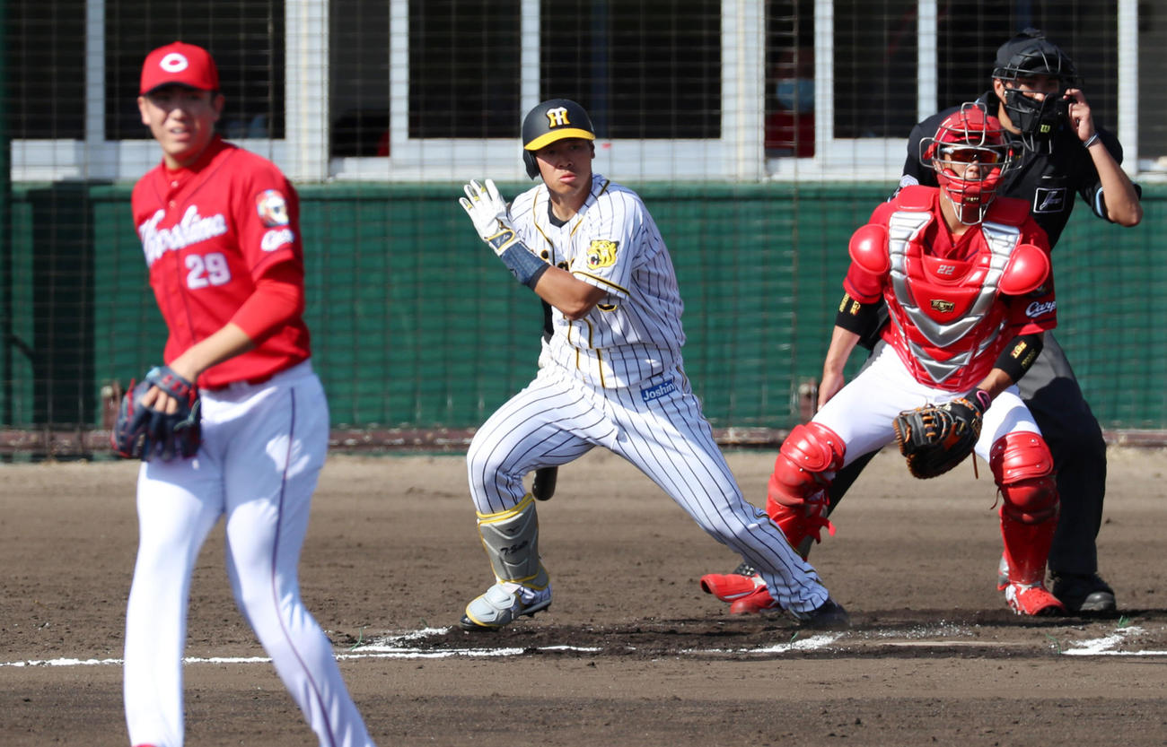 阪神対広島　6回裏阪神2死二塁、佐藤輝は左前へ適時打を放つ（撮影・加藤哉）