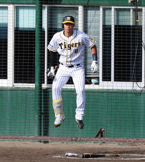 阪神対広島　8回裏阪神1死二、三塁、佐藤輝は次打者席でジャンプする（撮影・加藤哉）
