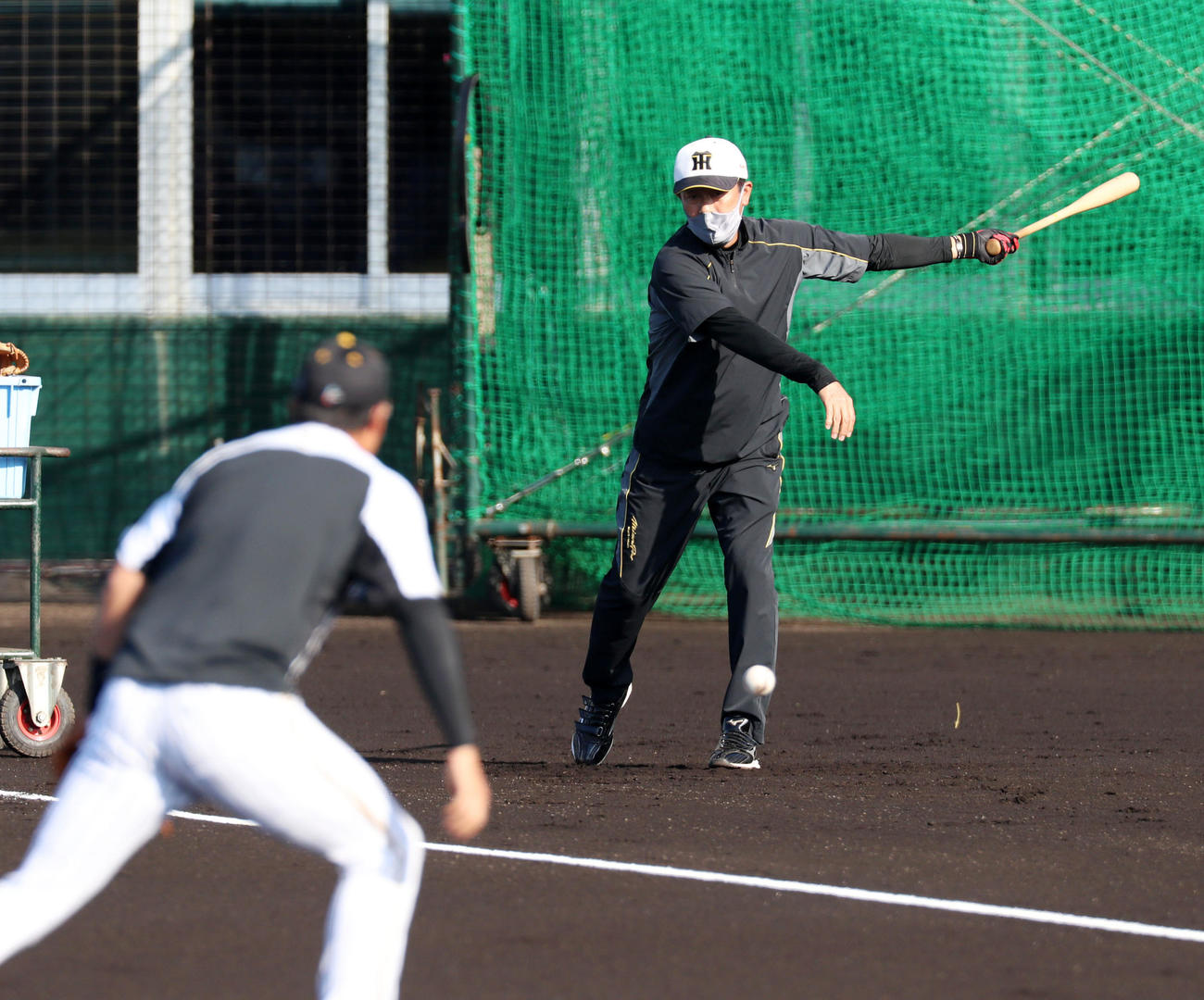 早出特守から大山悠輔らナインにノックを打つ川相臨時コーチ（撮影・加藤哉）