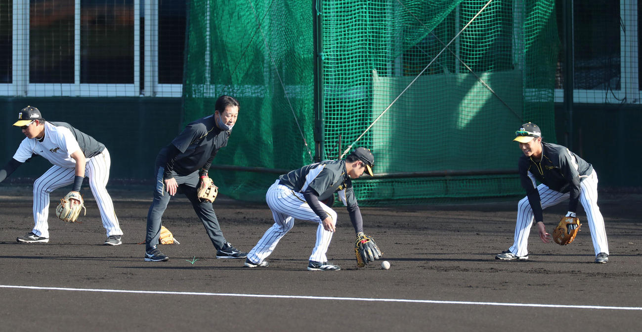 今キャンプ中、早出特守から参加してナインにアドバイスを送った川相臨時コーチ（撮影・加藤哉）