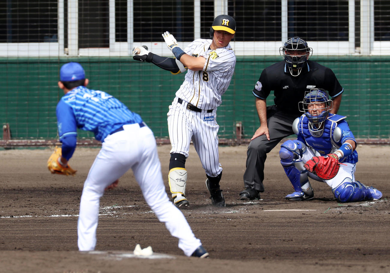 阪神対DeNA 3回裏阪神1死、佐藤輝は一ゴロを放つ、左は阪口（撮影・加藤哉）