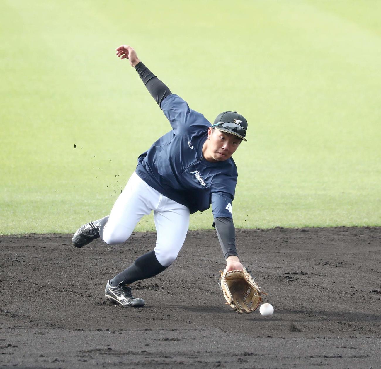 練習試合　日本ハム対楽天　1軍に合流しノックを受ける上野（撮影・黒川智章）