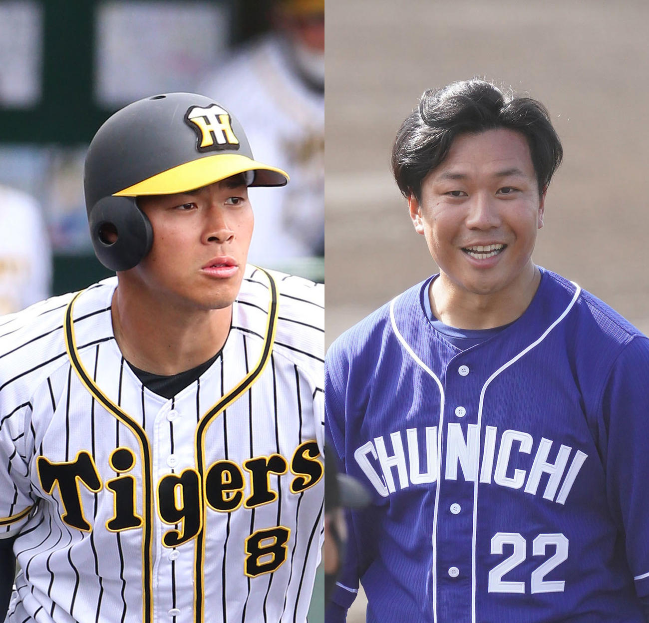 阪神佐藤輝（左）と中日大野雄