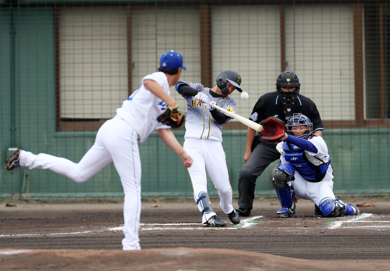 中日対阪神　1回表阪神無死、近本は右前に安打を放ち俊足を生かして二塁打とする、左は大野雄（撮影・加藤哉）