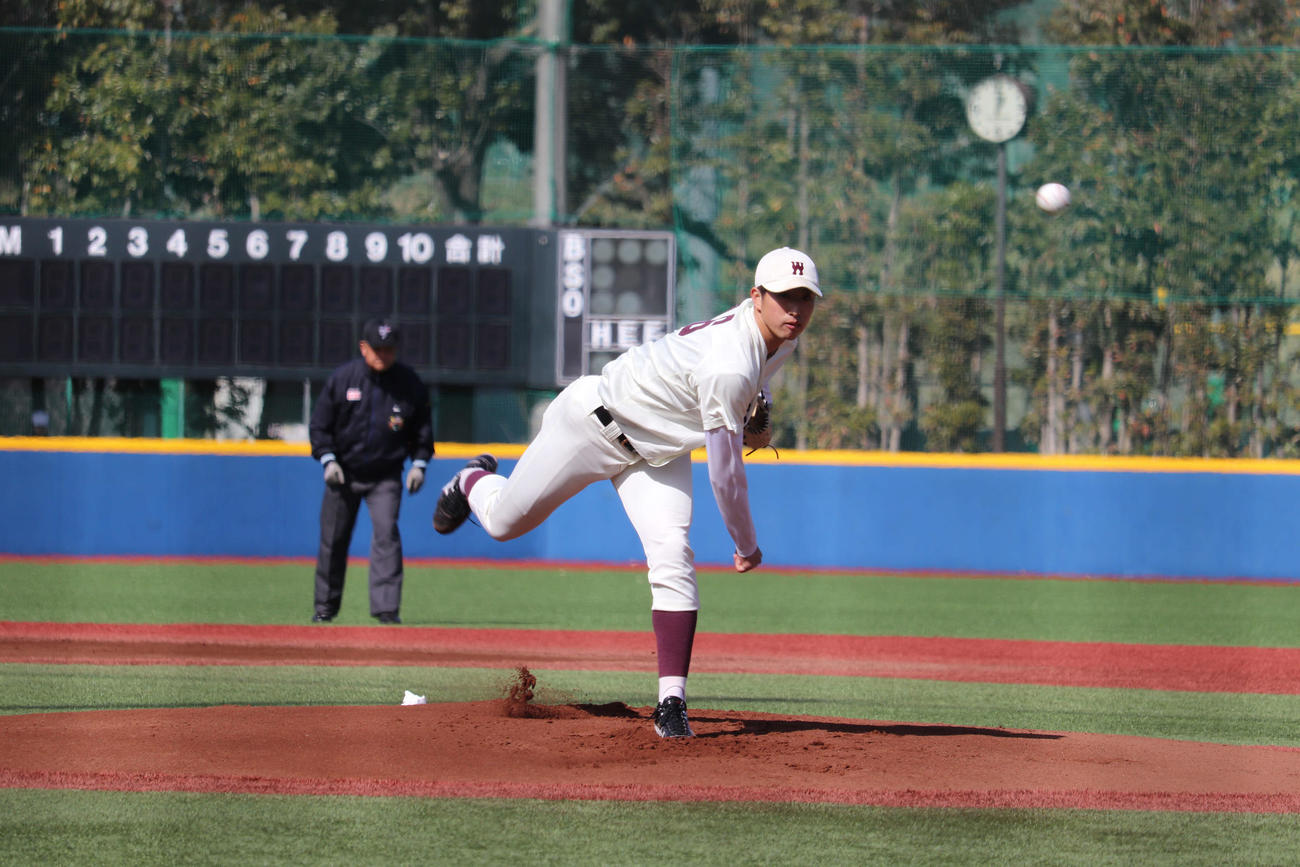 早大　今季、オープン戦初登板で好投した西垣（撮影・保坂淑子）